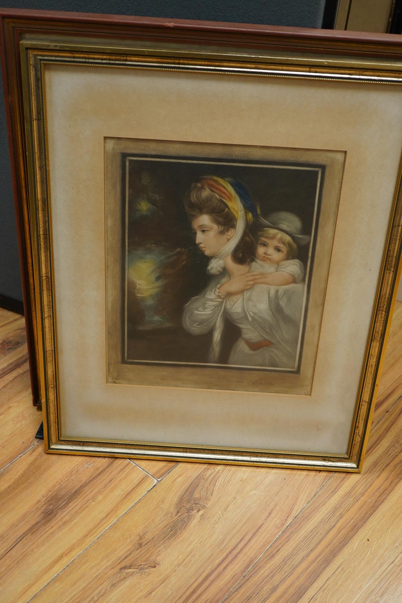 A collection of six 18th century style colour mezzotints: Lady Hamilton by A Macbeth-Raeburn, Miss Stanton by William Walker, others by Will Henderson, Francis S Walker and Daniel A Wehrschmidt